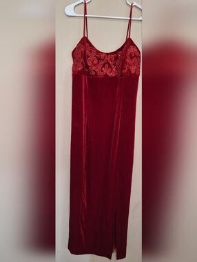 Red Velvet Embroidered Maxi Slip Dress Spaghetti Strap Zip Up Vintage Front Slit